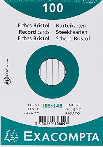 Exacompta 10809SE 100er Karteikarten liniert DIN A6 in Folie eingeschweißt 105 x 148 mm ideal für die Schule und Universität zum Lernen weiß