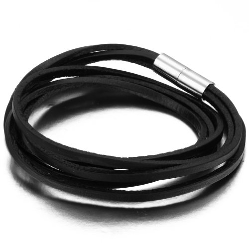 JewelryWe Lederarmband Herren Damen Magnetverschluss: Schwarz Mehrschichtig geflochten Leder Armband Armreif Wickelarmband Surferarmband mit Magnet Verschluss 7mm Breite 30cm