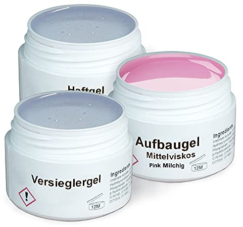 GS-Nails UV Gel-Set - 3x 15ml Nagel-Gel für Nail-Art & Nagel-Design - Haft-Gel, mittelviskoses Aufbau-Gel Pink Milchig, Versiegelungs-Gel - 45ml
