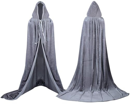 Labellevie Umhang mit Kapuze Lange SAMT Cape Vampir Kostüm Halloween Erwachsener Unisex- Gr. Medium, Grau