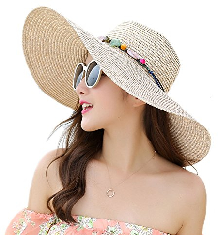 Adrinfly Chapeau de paille pliable à large bord pour femme - Accessoire de plage - Protection UV UPF 50+, kaki, Taille unique
