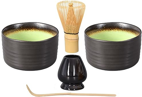 Aricola® Matcha-Set 5-teilig, bestehend aus 2 Matchaschalen anthrazit/grün mit Craquelé-Muster, Matchalöffel, Matchabesen und schwarzem Besenhalter.