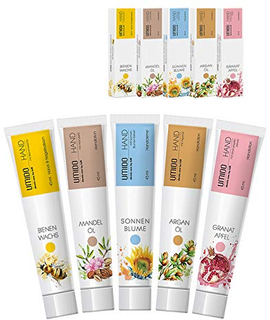 UMIDO 5 Stück Set Hand-Lotion Set 45 ml | 1x Bienenwachs | 1x Mandelöl | 1x Sonnenblume | 1x Arganöl | 1x Granatapfel | Hand-Pflege | Handcreme Set