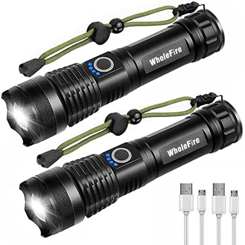 WholeFire Linterna LED XHP50 Alta Potencia, 2 Unidades 4000 Lúmenes Recargable por USB Linterna Resistente al Agua con Zoom, Luces de Emergencia para Exteriores con Indicador de Energía + Batería