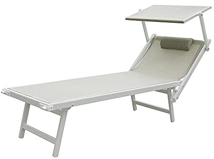 TEMPO STYLE - Lettino Mare Professionale in Alluminio L-Mediterraneo | Pieghevole con Tetto Parasole, Rivestimento in Textilene, Ideale per Spiaggia, Piscina e Giardino (Grigio/Bianco)