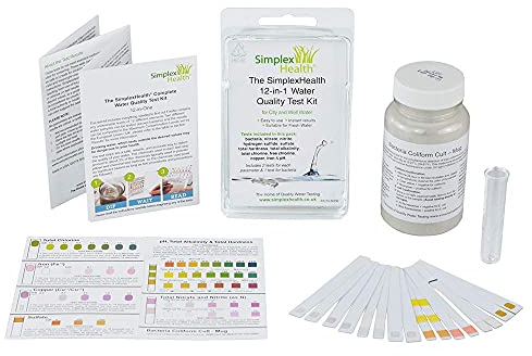 SimplexHealth Komplettes Wasserqualitätstest-Set (12 in einem) Bakterien, Nitrate, Nitrit, Schwefelwasserstoff, Härte, Alkalinität, Chlor, Sulfat, Eisen und pH-Wert