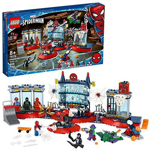 LEGO Marvel Spider-Man Attack on The Spider Lair 76175 Cool Building Toy, Featuring The Spider-Man Headquarters; Includes Spider-Man, Green Goblin and Venom Minifigures, New 2021 (466 Pieces)
