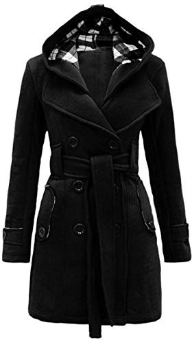 Yming Damen Winterjacke mit Gürtel Warmer Kapuzenmantel Zweireiher Künstliche Wolle Jacke Schwarz M