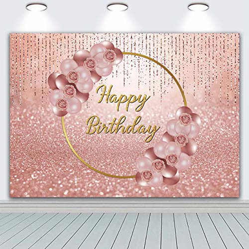 BINQOO 7x5FT Geburtstag Hintergrund Rosa Rose Gold Ballon Gold Ring Blumen Hintergründe Fotografie Queen Frauen Süße Prinzessin Mädchen 16. 18. Geburtstag Party