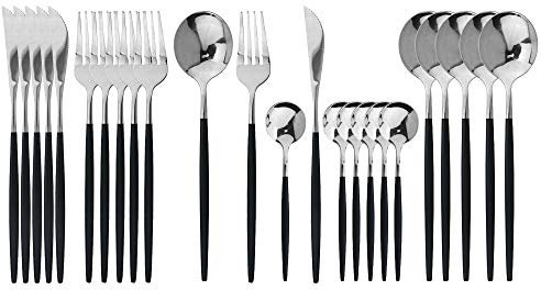 JASHII - Set di posate da 24 pezzi, set di posate in acciaio inossidabile, set di posate in titanio nero e argento, set di stoviglie moderno ed elegante per feste, Natale, cena (nero