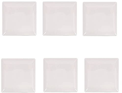 Pack de 6 platos llanos de cerámica de forma cuadrada de 1 x 18 x 18 cm, ideal para hogar u hostelería. Set de 6 recipientes para servir alimentos de color marfil y forma cuadrada
