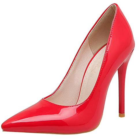 MJIASIAWA Damen Pointed Toe Kleid Hochzeit Stiletto Ohne Verschluss Pumps Abend Party Formal Höhe Ferse Pumps Lack Rot Gr 43 EU/45 Asiatisch