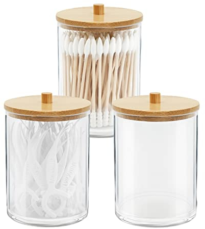 Gukasxi 3 Stück Acryl-Qtip-Halter mit Bambus-Deckeln, Badezimmer-Behälter, Dosen, Spender, Wattestäbchen für Badezimmer-Aufbewahrung, Organizer