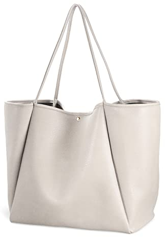 Hoxis Übergroße PU-Leder-Tragetasche für Damen, Wochenendtasche, Shopper Handtasche, Reise-Geldbörse, Elfenbein, Medium