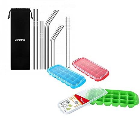 Lot de 10 pailles en inox, paille de haute qualité + 3 Bac à glaçons 18 cubes avec couvercle