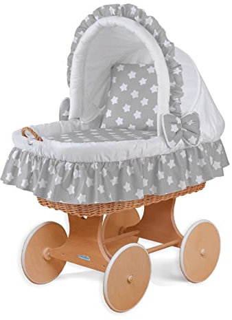 Waldin Baby Stubenwagen-Set mit Ausstattung, XXL, Bollerwagen, komplett, 11 Modelle wählbar, Gestell/Räder Natur, Stoffe weiß/große Sterne weiß