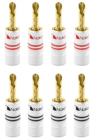 Nakamichi 24K vergoldeter Bananenstecker 12 AWG - 18 AWG Gauge Größe 4mm für Lautsprecher Verstärker Hi-Fi AV Receiver Stereo Heimkino Audiokabel Stecker BFA Stecker, 8 Stück (4-Paar)