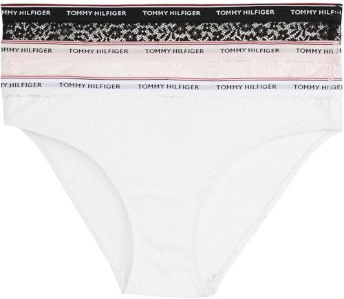 Tommy Hilfiger Women’s 3 Pack Bikini Briefs with Lace, Multicolor (Black/White/Light Pink), XS