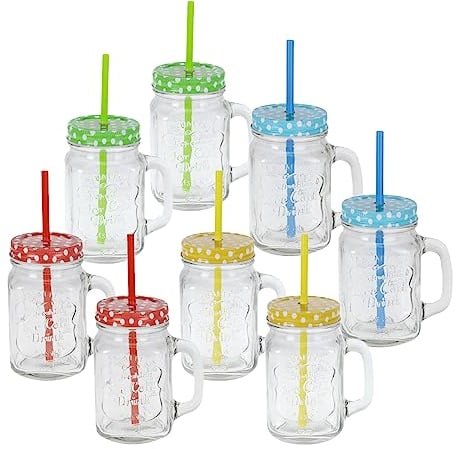 Spetebo Trinkgläser mit Deckel und Strohhalm - 8er Set - Vintage Gläser mit Henkel - Deckelgläser Gläserset mit Schraubdeckel für Wasser Limonade Longdrinks Cocktails