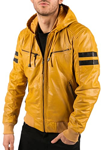 TruClothing Men's Bomber Jacket Outwear Windproof Winter Real Leather Jackets Coat Quilted Hood - Yellow L