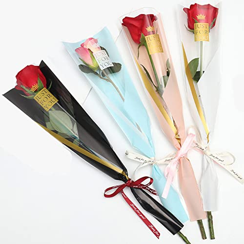 NatureMan100 Counts /4 Colors Single Rose Packaging Bag Flower Bouquet Sleeve Bag,Waterproof Floral Wrapping Paper for Mother's Day Valentine's Day Florist Bouquet Supplies