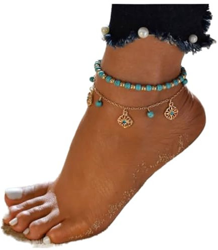 Dishowme Turquoise Fleur Cheville Bracelet 2 Pcs Cristal Perles Cheville Boho Sculpté Géométrique D'été Pied Chaîne Bijoux pour Femmes Filles (Or)