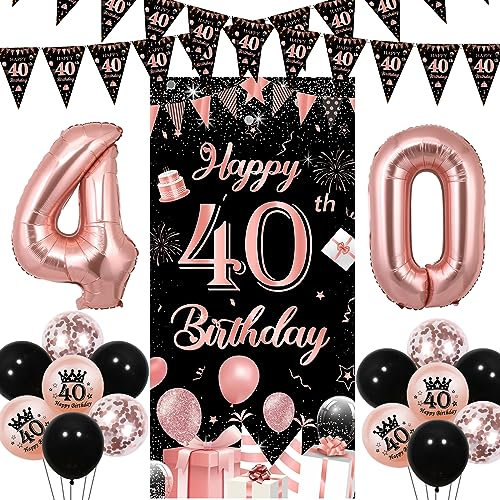 Sursurprise 40th Birthday Decorations for Women Black and Rose Gold, Happy 40th Birthday Door Banner, Triangle Flag Garland, Number 40 Balloon, Forty Year Old Birthday Party Supplies
