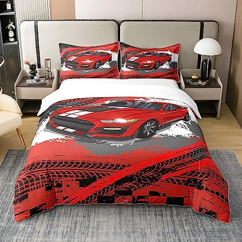 Jungen Rennen Auto 100% Baumwolle Bettbezug 135x200 Rot Rennwagen Bettwäsche Set,Hippie Sport Auto Tröster Abdeckung Die Ganze Saison Gemütliche Schmutz Auto Track Bett mit 1 Kissenbezug Zimmer Dekor