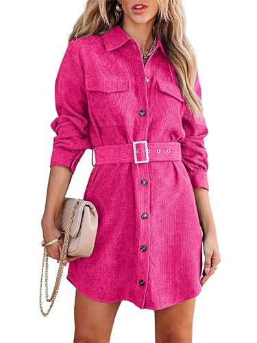 seiveini Robe Chemise en Velours Côtelé Femme Robes Tunique avec Ceinture Automne Hiver Elegante A Rose Rouge L