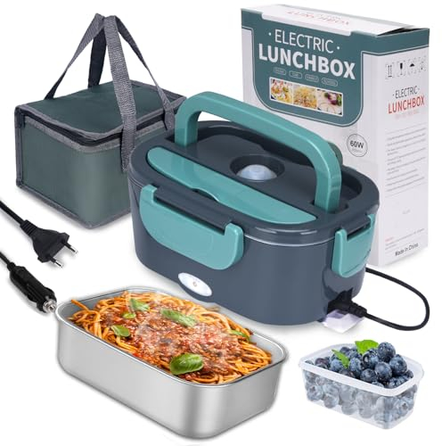 XREXS Elektrische Lunchbox 60W, 1,5L Speisenwärmer Auto,3 In 1(12V/24V/220V), Lunchbox Elektrisch Brotdose/LKW Haushalt Camping, Tragbare Bento Heizung 60W Lunch Box mit Gabel, Löffel
