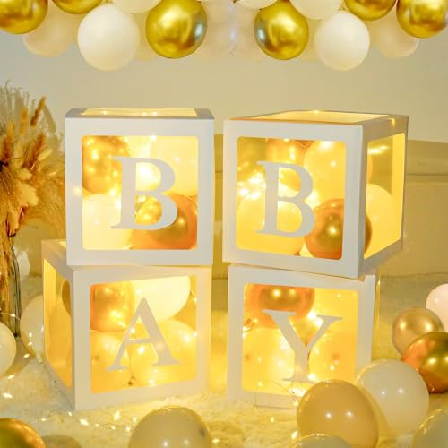 Balloon Box Babyparty Dekoration, 4 Lichterketten und 4Pcs Transparente Luftballon Boxen mit 33 Buchstaben(ONE+BABY+A-Z), 30 Partyballons für Jungen M?dchen Baby Shower, Geburtstag Party Hintergrund