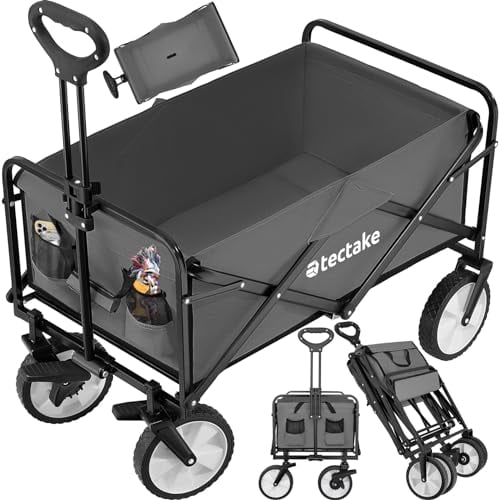tectake® Carrello Pieghevole Leon, con Freni, Maniglia Telescopica, Carrello con Ruote Portatutto, Carrello, Carrello da Giardino, Carrello Portaoggetti - Grigio/Nero