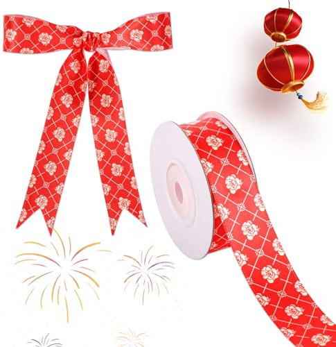 Rubans de Satin du Nouvel An Chinois, Ruban Rouge Chinois de 9,1m avec Motif de Fleurs Ruban Décoratif pour Noeuds de Cheveux Longes Emballage de Décoration de Fête Artisanat de Couture