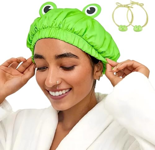 Duschhaube, wasserdicht, wiederverwendbar, doppellagig, Badekappe, elastisches Band, Haarkappe, grüner Frosch, Duschhaube für Damen, Spa-Salon