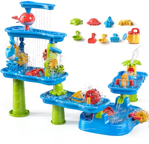 TEMI Toddler Water Table for Kids 3 4 5 6 7 8 Years Old, Rain Showers Pond Sand Water Table, 3-Tier 4 Areas Outdoor Sensory Table for Toddlers 3-5, Beach Summer Outside Toys for Age 3-8