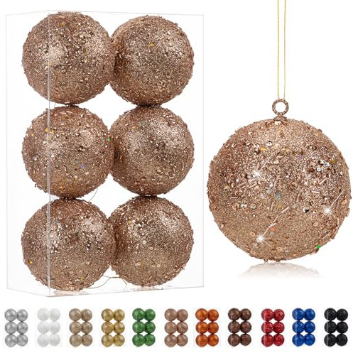 Oairse 10cm Large Christmas Bauble Ornaments 6 Pcs Shatterproof Big Rose Gold Bauble for Xmas Tree Glitter Christmas Tree Ornaments for Halloween Holiday Wedding Party Decoration