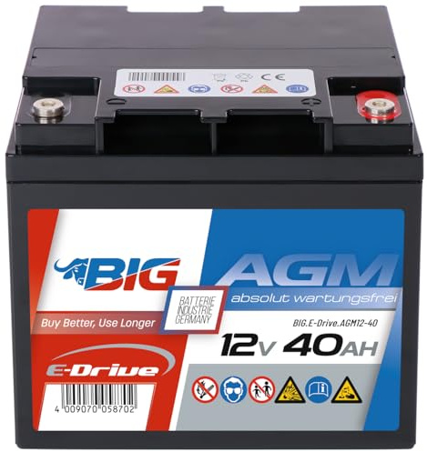 BIG E-Drive AGM Traktionsbatterie: Ideal für Rehatechnik, E-Scooter, Außenborder, Hebebühnen, Fördertechnik, Aufzüge, Robotik, FTS, Industrie, DC-Stromversorgung (12V - 40Ah)