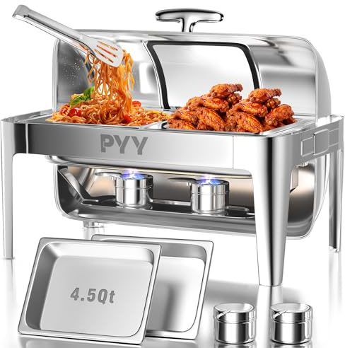 PYY Electric Chafing Dish Buffet Set, 9 QT Stainless Steel Chafing Server Set for Catering Commercial Roll Top Chafers Buffet Warmer for Parties, Wedding, Banquet, Events (2 Half-Size)