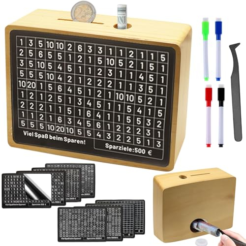Spardose mit Zähler aus Holz, Sparbox mit Zahlen Ankreuzen, Spardose Holz,Retro Sparbüchse Aufbewahrungsbox,Sparschwein mit Sparziel,Spardose Erwachsene €500 €1,000 €2,000 €3,000 €5,000 €10,000(Braun)