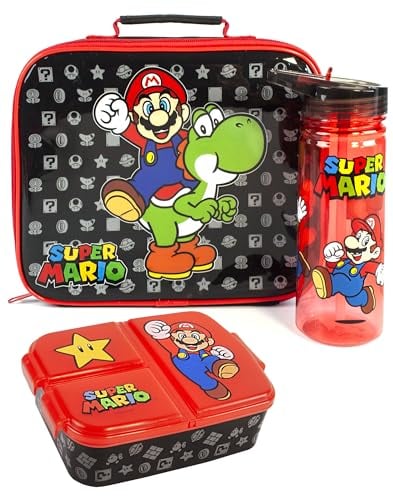 Super Mario Lunch Box Set for Kids | Yoshi Childrens School Food Bag, BPA Free Water Bottle 580ML & Snack Pot | Gamer Merchandise Gifts One Size