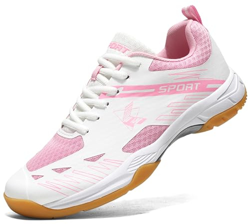 NGARY Hallenschuhe für Damen, Badmintonschuhe, leichte, rutschfeste Pickleball-Volleyball-Sneaker, Tennis- und Tischtennis-Turnschuhe,White pink,42 EU