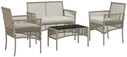 Outsunny Salon de Jardin extérieur 4 pièces canapé 2 Places + 2 fauteuils + 1 Table Basse Plateau Verre trempé Noir 3 Coussins d'assise - métal et résine tressée - Kaki