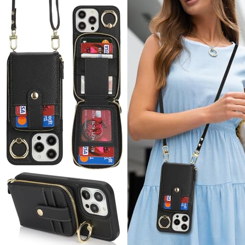 SailorTech iPhone 14 Pro Max Hülle Ring-Ständer mit Kartenfach, iPhone 14 Pro Max Handyhülle mit Verstellbarer Halskette, iPhone 14 Pro Max Handytasche mit Reißverschluss Geldbörse-Schwarz