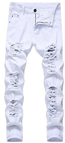 DUHENWU Jeans da uomo in denim Destroyed con tasche, slim fit, elastico, jeans strappati, look hippie, abbottonatura, skinny stretch, pantaloni per il tempo libero, bianco, 36