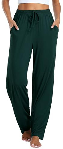 Vlazom Damen Schlafanzughose Modal Lang Weich Loungehose Freizeithose Yogahose Nachtwäsche Hosen mit Taschen Pyjamahose mit geradem Beinil(M,Grün)