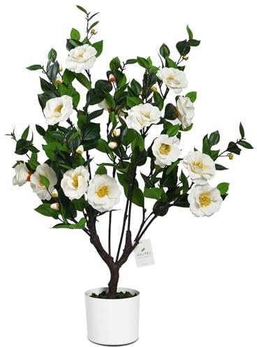 Leflos 90 cm Arbre à Fleurs de Camélia Blanc réaliste, Arbre à Fleurs Artificiel, Plante Florale en Pot Blanc pour la décoration intérieure de la Maison