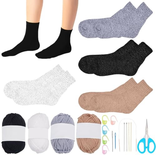 WEBEEDY 4 Set Socken Strickset Komplettes DIY Strickset Mit Hochwertigem Garn Und Detaillierter Anleitung Für Anfänger Erwachsene Einfach Zu Verwendendes Socken Strickstarterpaket Häkelbedarf