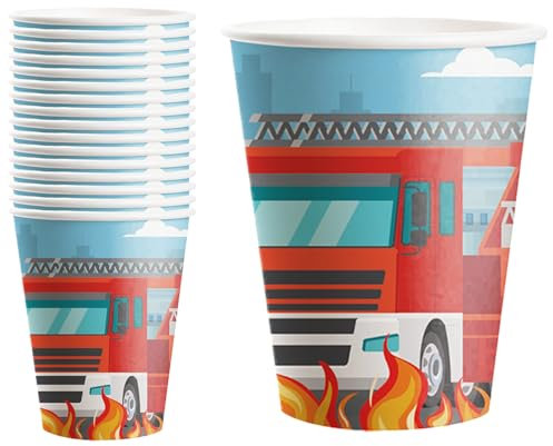 POPOYU 16 Stück Feuerwehrauto Pappbecher Geburtstagsdeko Set, Party Geschirr, Feuerwehrmann für Kindergeburtstag mit Pappbecher