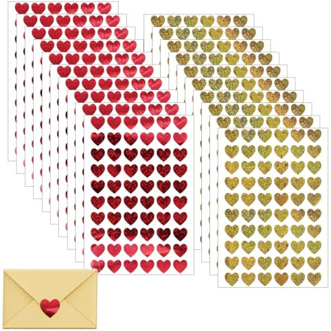 SIRLOMU 1200 Stück Glitzer Herz Aufkleber selbstklebend Herz Etiketten Valentinstag, Ostern, Hochzeiten, Geschenk-Taschen, DIY Handwerk, Umschlag Verschluss Dekoration (Gold und Rot)