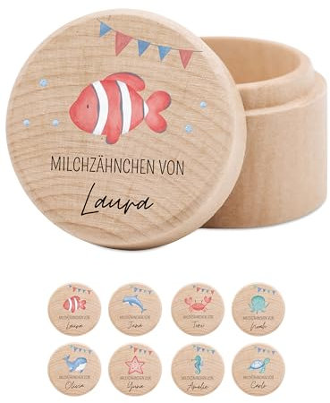 wunderwunsch® - Milchzahndose personalisiert aus Holz mit kinderfreundlichem UV-Druck - Zahndose Milchzähne als Erinnerung an die ersten Zähnchen (Clownfisch Girlande)